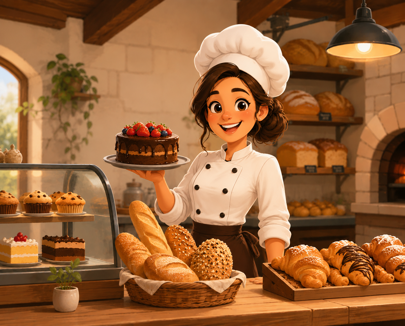 Warm cafe counter with pastry display and lights